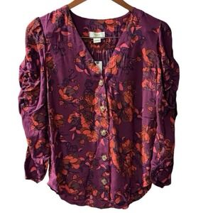 ANTHROPOLOGIE Maeve floral button up blouse S Small wine jourdain runa